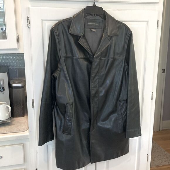 Banana Republic Button Front Black Leather Barn Coat Jacket Small - Picture 2 of 11